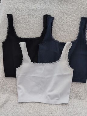 (3) Pack Lace-Trim Ribbed Tank Crop Top Set - Black, Navy, White